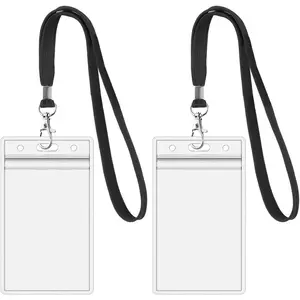 2Pack ID Badge Holder with Black Lanyards,Heavy Duty PVC Card Holder | Transparent ID card holder with lanyards, 3.58" L x 2.5" W Badge ID name card holder,18Inch black lanyards