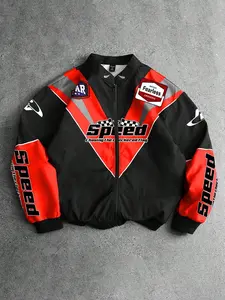 Men's Black Red Gray Color Block Stand Collar Zip Up Racing Jacket, Speed Checkered Flag Fearless Patch Full Print, Ribbed Cuff Hem Loose Street Fit, Retro Motorsport Daily Vibe Outerwear
