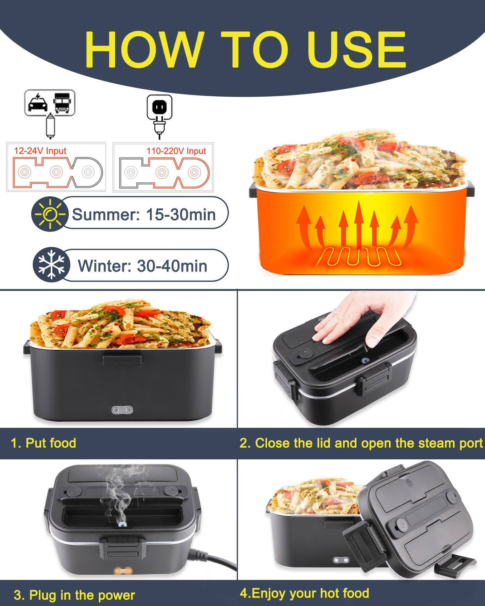 Nifogo Electric Lunch Box for Adults 80W Food Warmer Lunch Box 1.5&1.8L Stainless Steel Container&Bag Tableware 12V/24V/110V for Car/Truck/Work