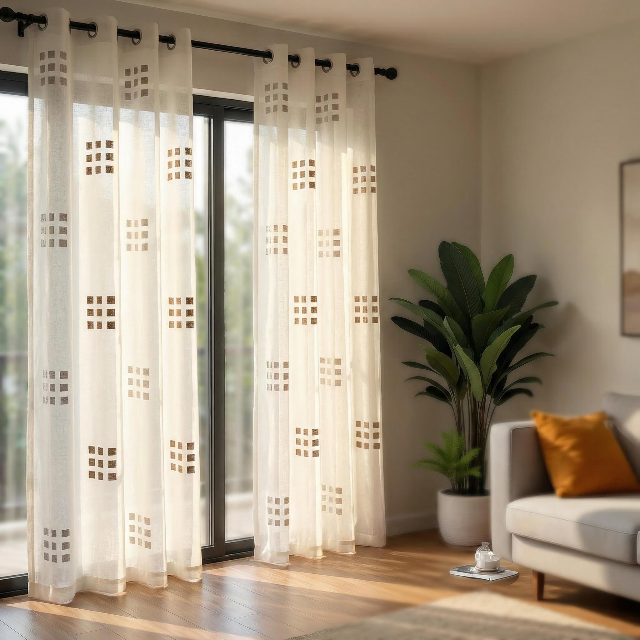 Cozy Curtain 2 Panels 52X84Inch is made of bamboo-jointed linen fabric, combined with embroidery technique, featuring a two-color nine-square pattern, with a metal ring at the head. It is easy to install, has a unique style, and is labeled as CT278.