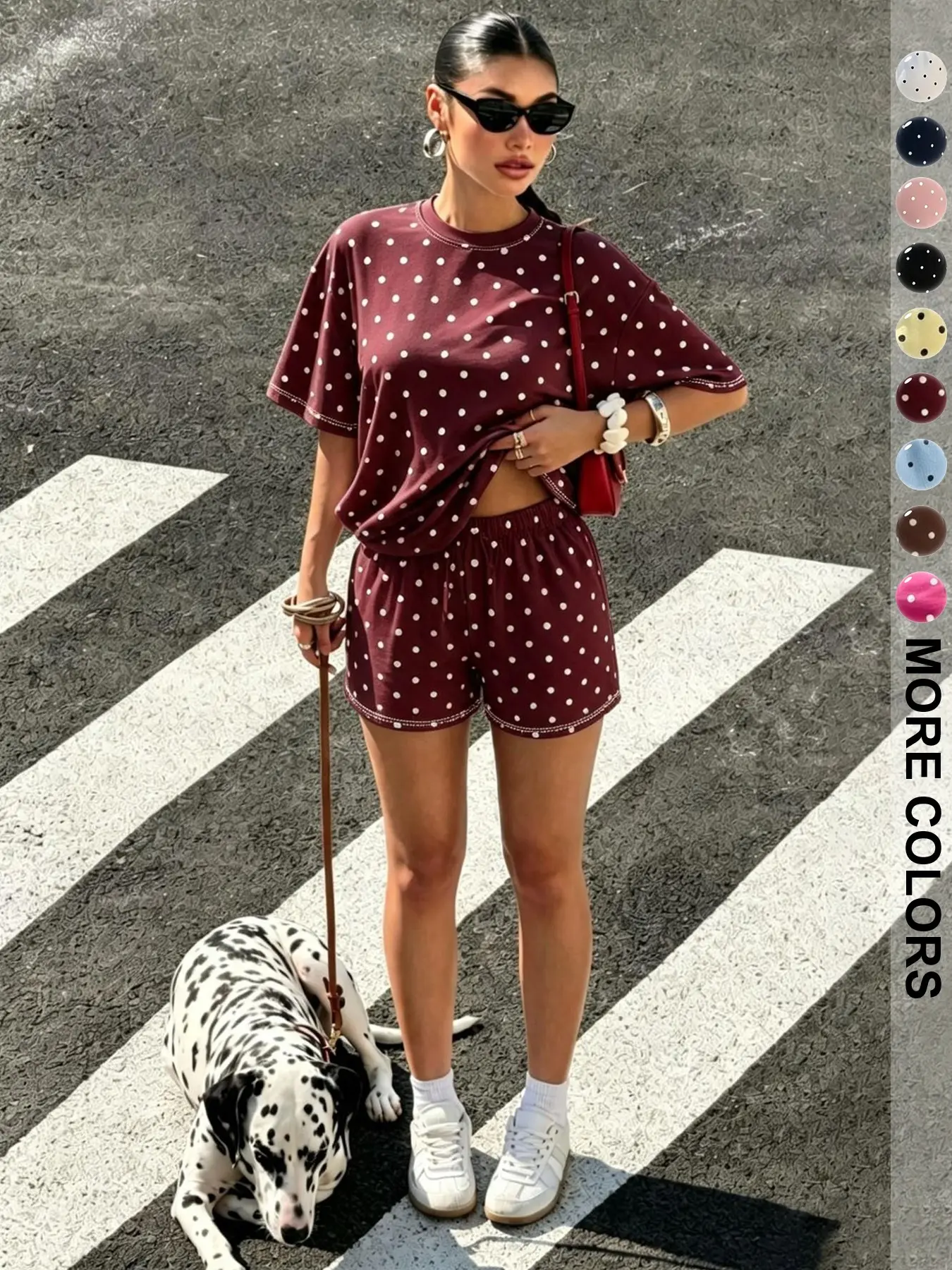 Women's Polka Dot Set, Short Sleeve Shorts, Lightweight, Casual, Comfortable, All Seasons, Loose Fit, Mid Waist, Trendy