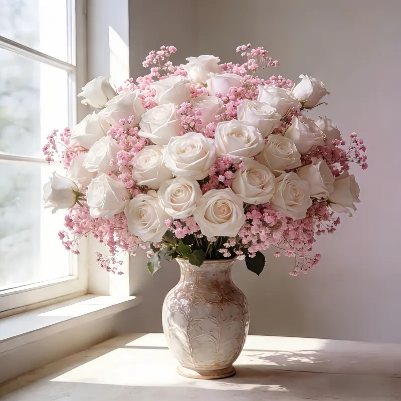 40PCS Mixed Artificial Flowers Bouquet(10 White Roses 30 Pink Baby Breath),UVResistant Plastic Fake Flower,No Need Maintenance,No Battery Required,Without Vase.Perfect for Home,Office,Wedding,Mother's Day,Valentine's Day,Christmas