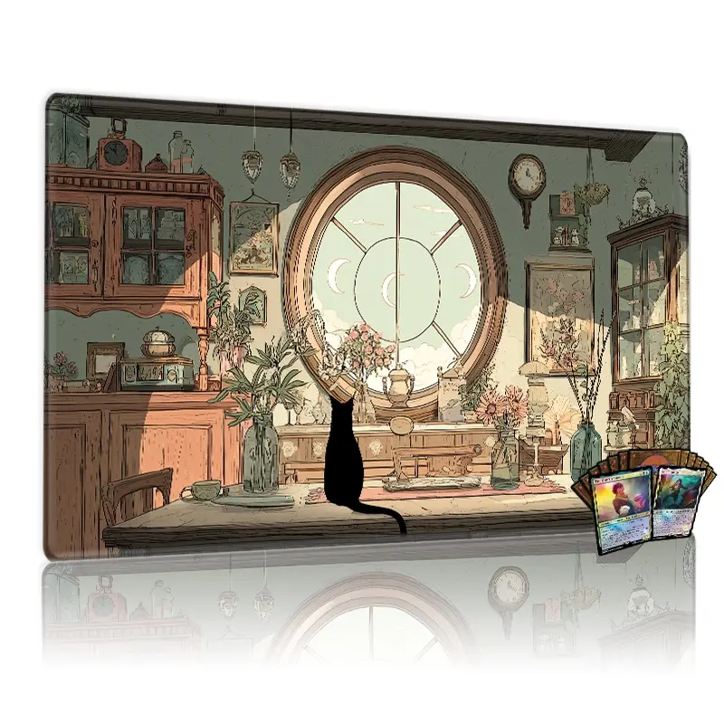 Sunlit Moonlit Room Vintage Charm MTG & TCG Playmat 12x24inch Game Mat Table Mat with Cat and Flowers for Trading Card Games and Gaming, Perfect Gift