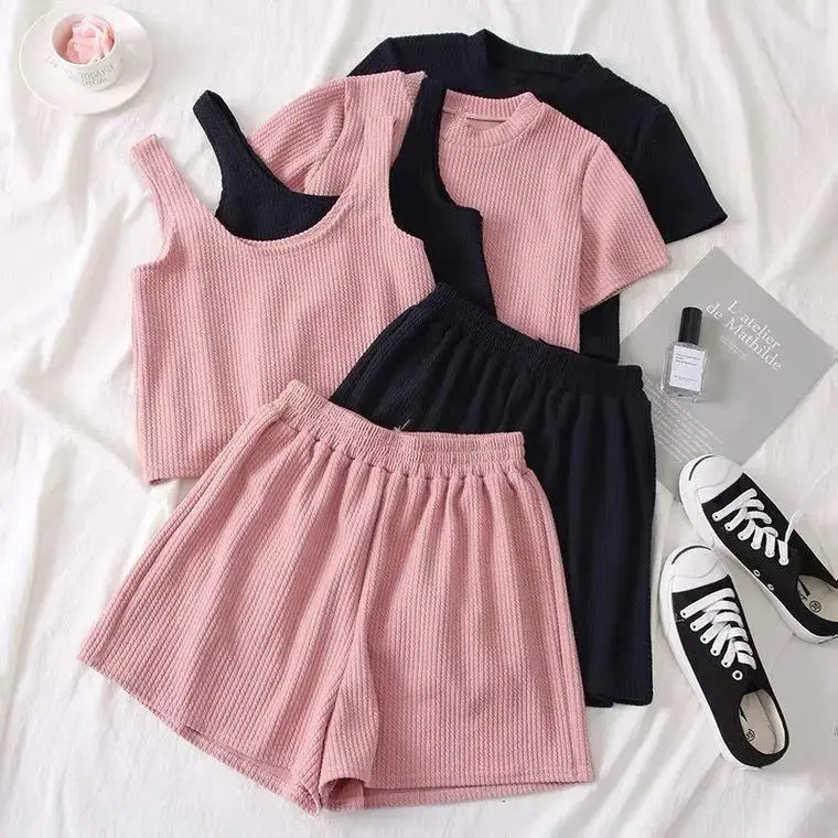 Youthful Waffle Knit 3-Piece Sun Protective Sports Set - Loose-Fit Short-Sleeve Tee, Wide-Leg Shorts, Nylon Blend Casual Wear, Solid Colors, Basic