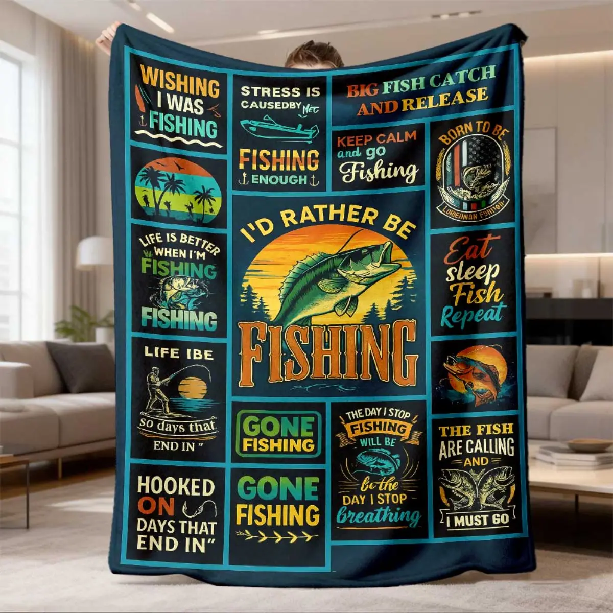 2026 New Fishing Theme Flannel Soft Blanket - "I'd Rather Be Fishing" Design with Fish & Fishing Gear Patterns, Breathable, Wrinkle-Resistant, Machine Washable, Year-Round Comfort, Ideal Gift for Fathers, Great for Napping & Lounging on Sofa