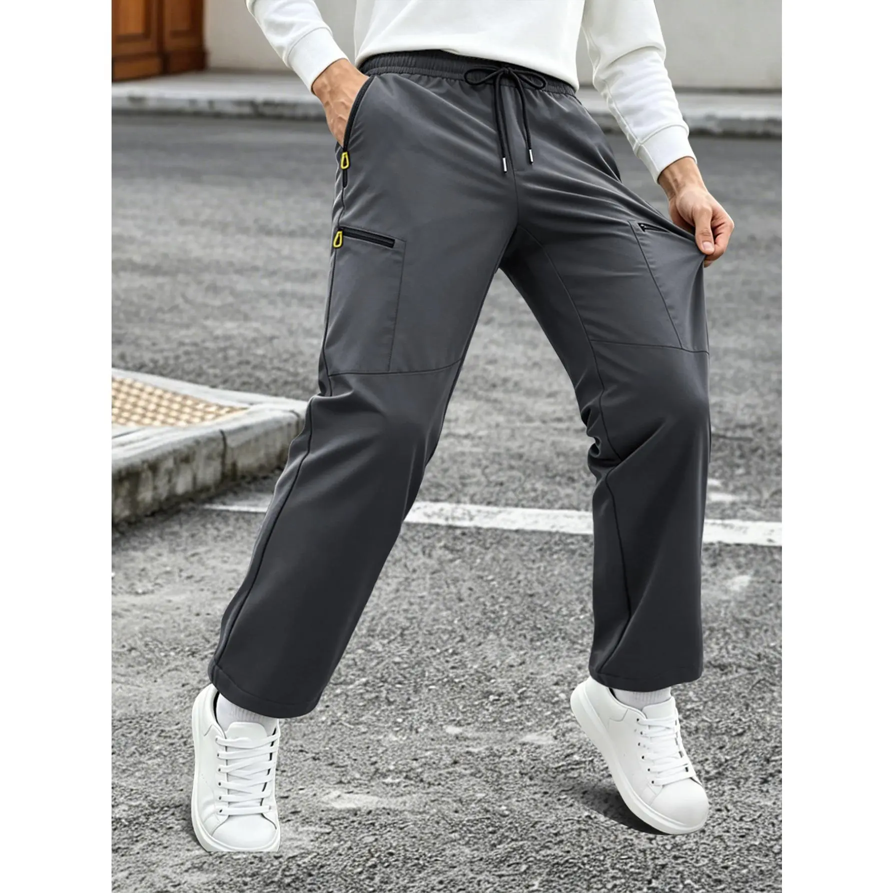 Men's Lightweight Breathable Outdoor Cargo Pants, Elastic Drawstring Waist Multi Secure Zip Pockets Straight Fit Casual Hiking Trousers for Spring Summer Daily Outdoor Activities