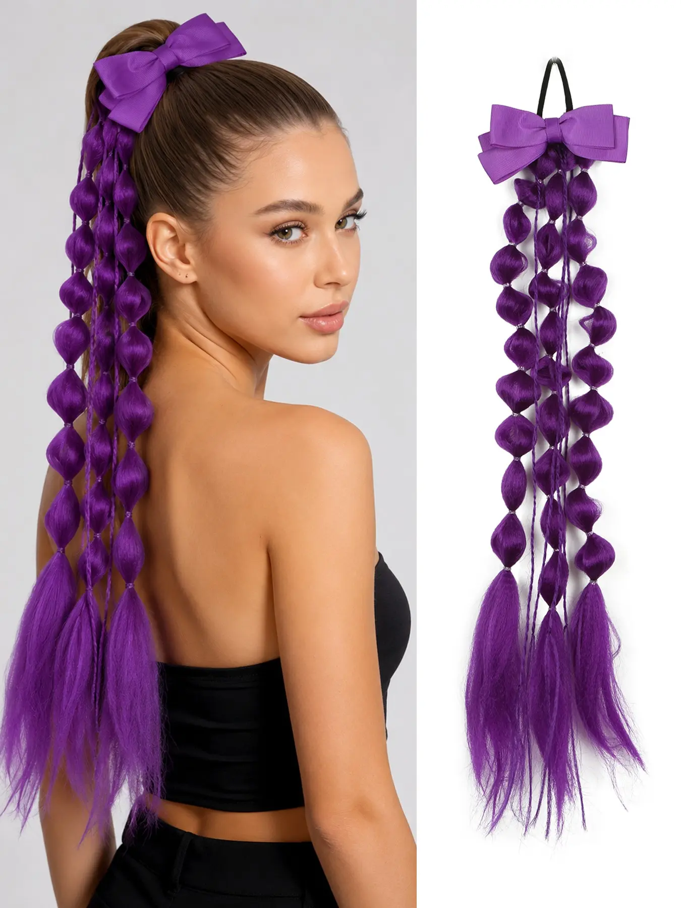 Yaki Straight Bubble Synthetic Ponytail Extensions - 2Pcs/1Pc, 22" Lightweight Hair Extensions With Bow, Purple Blue Yellow White Red Colorful Synthetic Ponytails For All Ages, Rave Festival Party Halloween Christmas Gifts