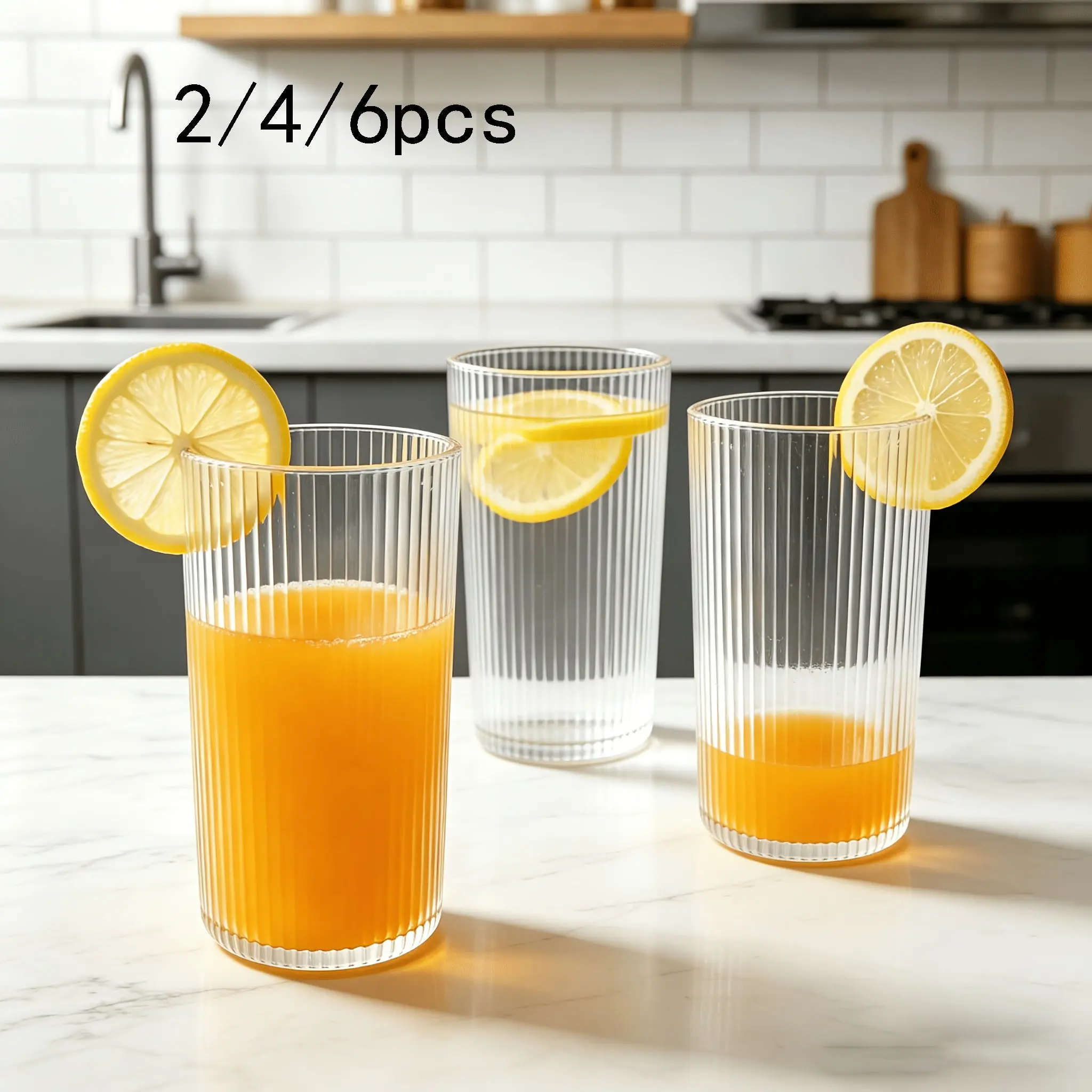 2/4/6pcs Vertical Stripe Glass Cups, Elegant Transparent Water Glasses, Ideal for Iced Coffee and Juice, Perfect for Home and Kitchen Use