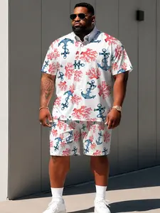2-Piece Set Nautical Style Blue Anchor Coral Full Print Short Sleeve Shirt and Shorts, Summer Beach Vacation Casual
