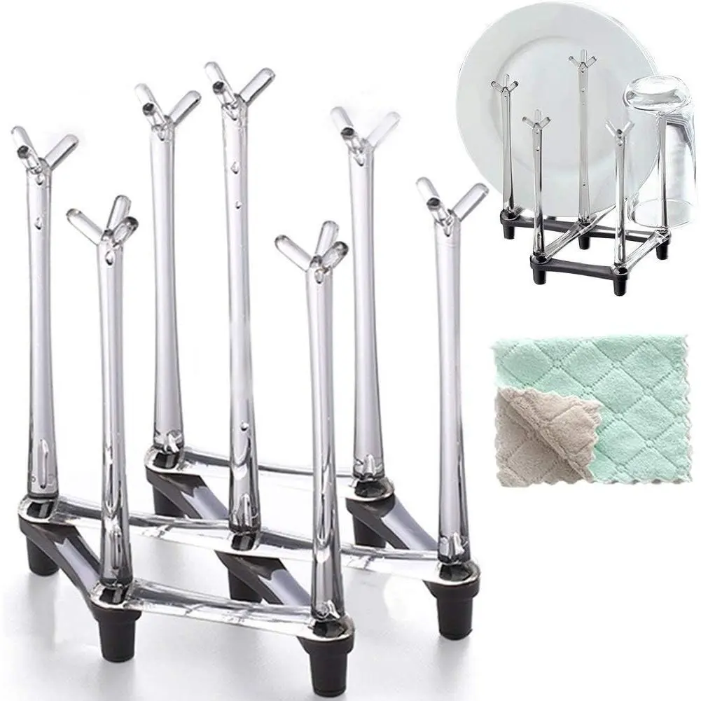 Retractable Cup Drying Rack, Drinking Glass and Sports Bottle Drainer Stand, Plastic Bag Dryer with Non-Slip Bottom for Kitchen Countertop