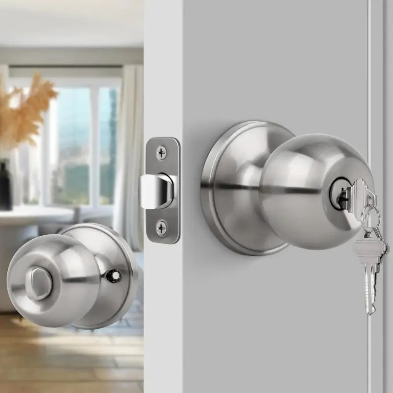 Keyed Entry Door Knob, Ball Design Doorknob for Interior Exterior, Reversible Round Door Lock for Front Entrance Doors, Stain Nickel