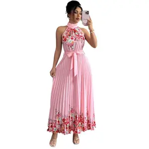 Romantic gradient A-line long dress, with a delicate and elegant ruffled neckline, a waist belt that accentuates the figure, and a pleated design that is lively and graceful, perfect outings and dates, showcasing elegance