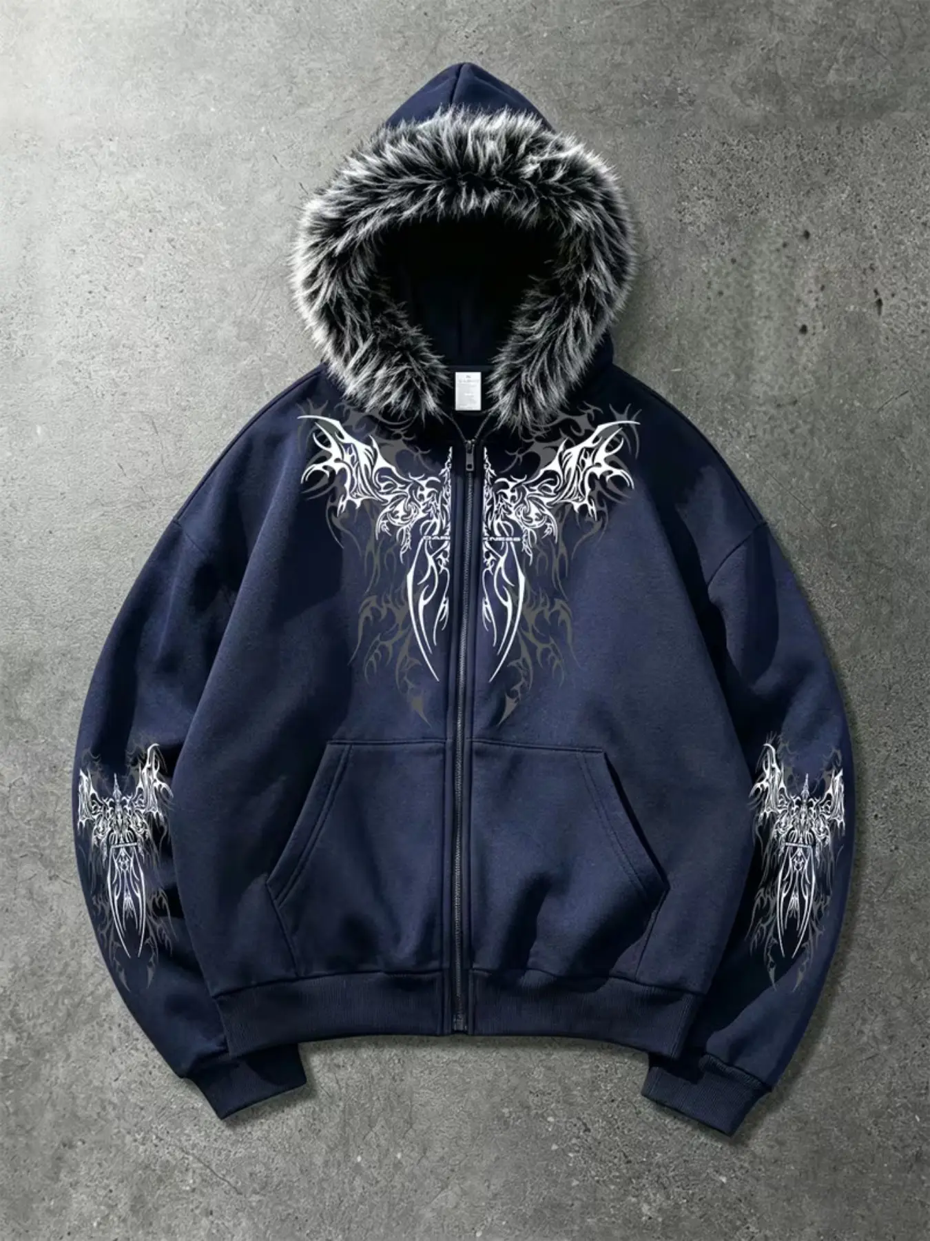 Gothic Dark Wing Print Faux Fur Collar Hooded Open Front Sweatshirt, Streetwear Subculture Drop Shoulder Loose Casual Outer Jacket