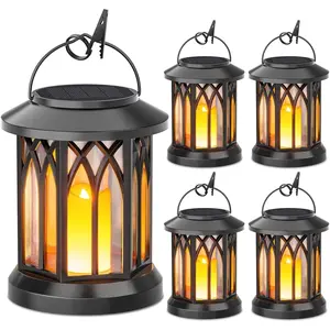 4 Pack Solar Lantern Outdoor Lights, Hanging Solar Lanterns Outdoor Waterproof, Christmas Gifts LED Flickering Flameless Candle Mission Lights for Yard Table Garden (Black)