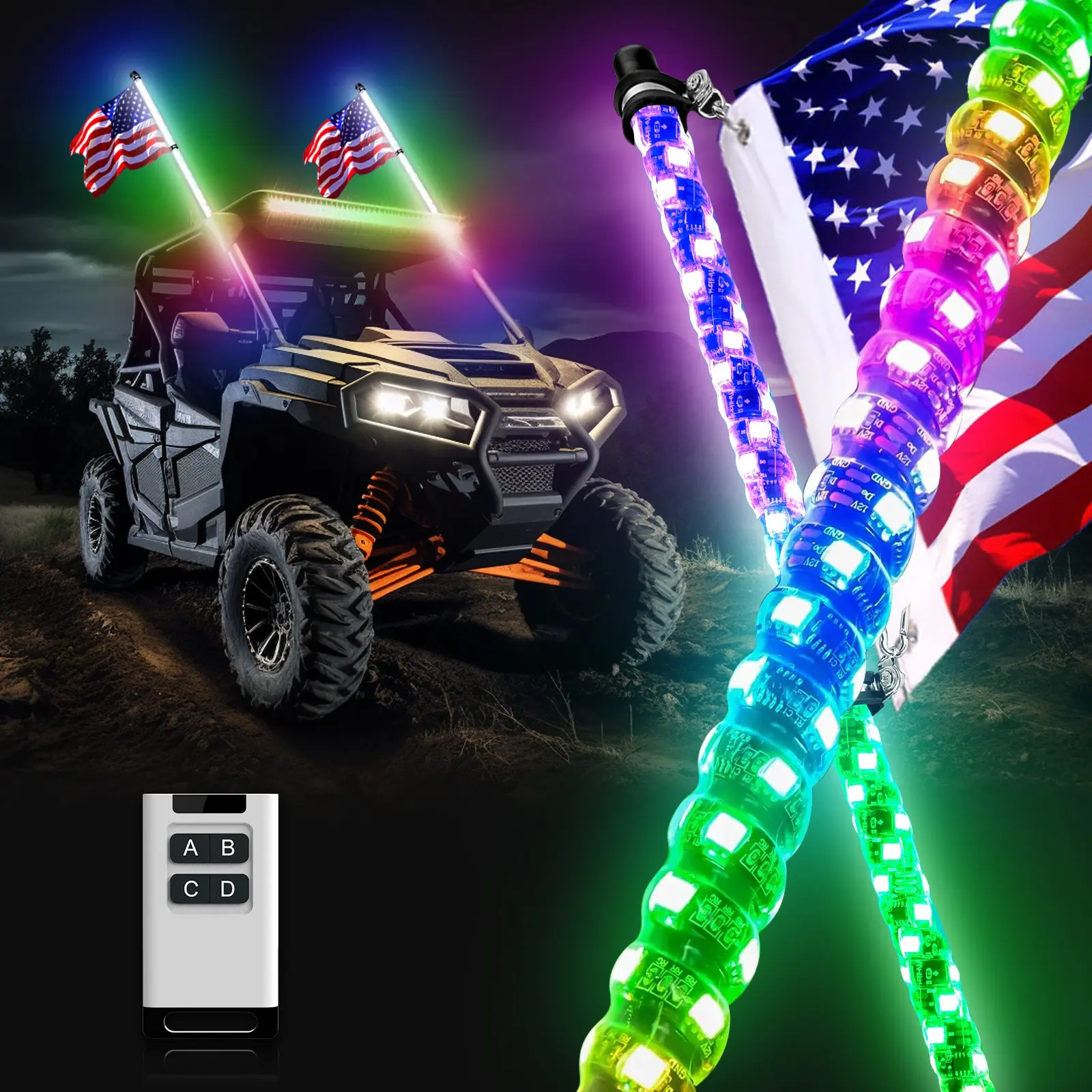 RGB 2 Pack Spiral LED Flagpole Light Kit, IP68 Waterproof Super Pole Light , Wireless RF Remote, Shockproof With Sturdy Aluminum Base, for Utv Atv Rzr Sxs, Christmas Gift Boy Gift