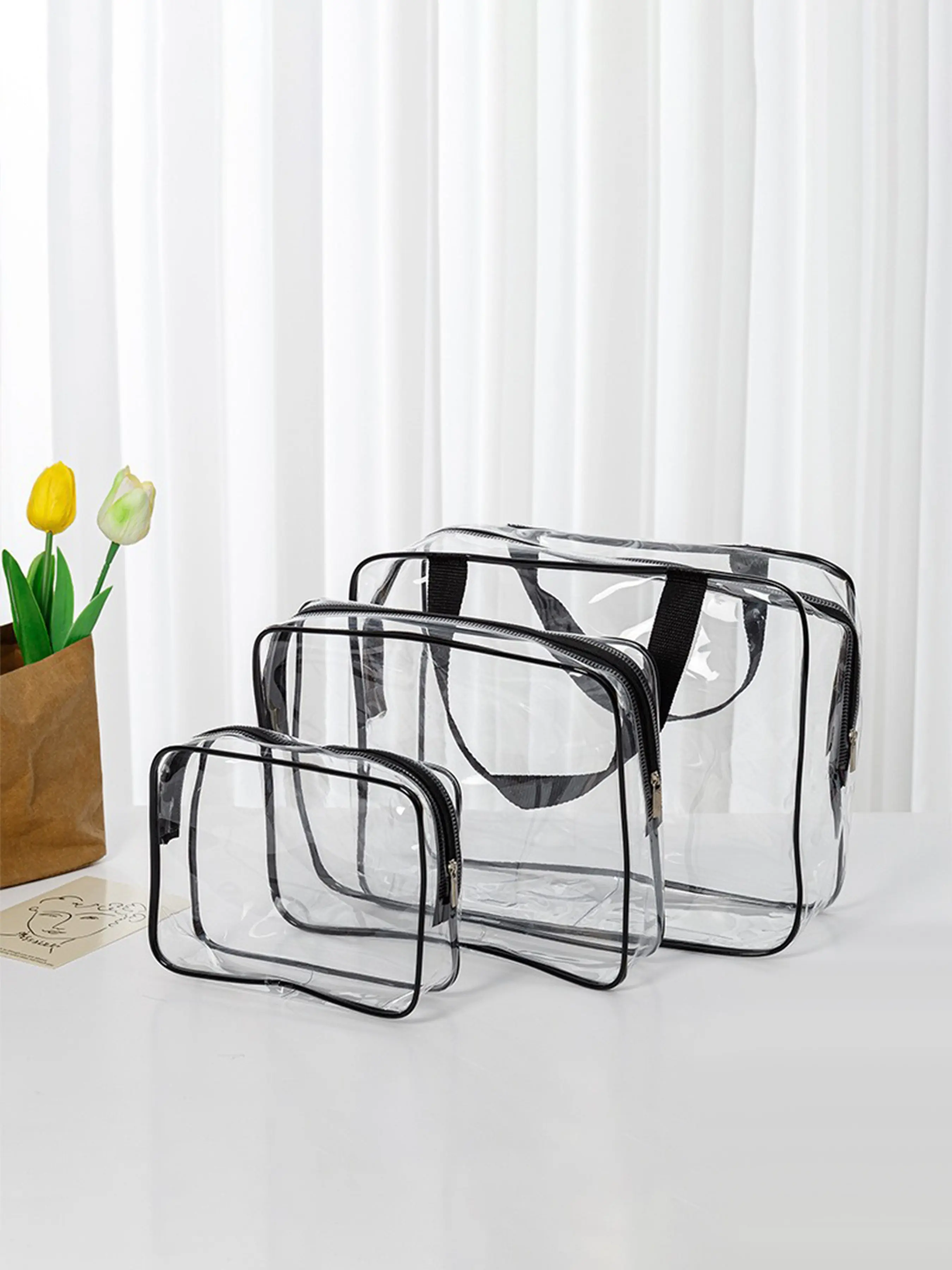 3-Pack Large Capacity PVC Makeup Bags, Transparent Waterproof Cosmetic Organizer, Handheld Travel Wash Bag Set, Durable & Practical