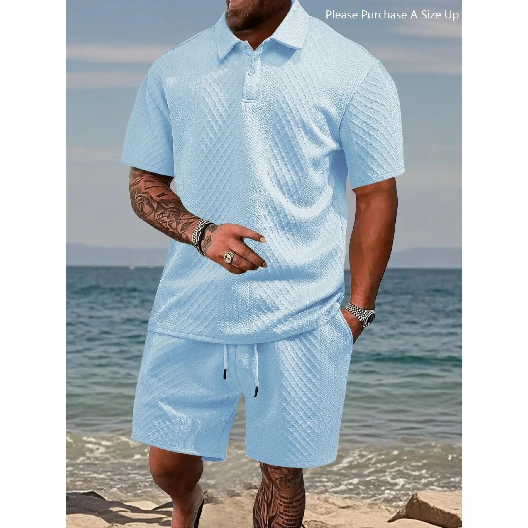 Please Purchase A Size Up. Men's Solid Polo Shirt & Drawstring Waist Shorts Set, Cozy Breathable Two-piece Outfits for Daily Outdoor Wear, Men Clothes for Summer.