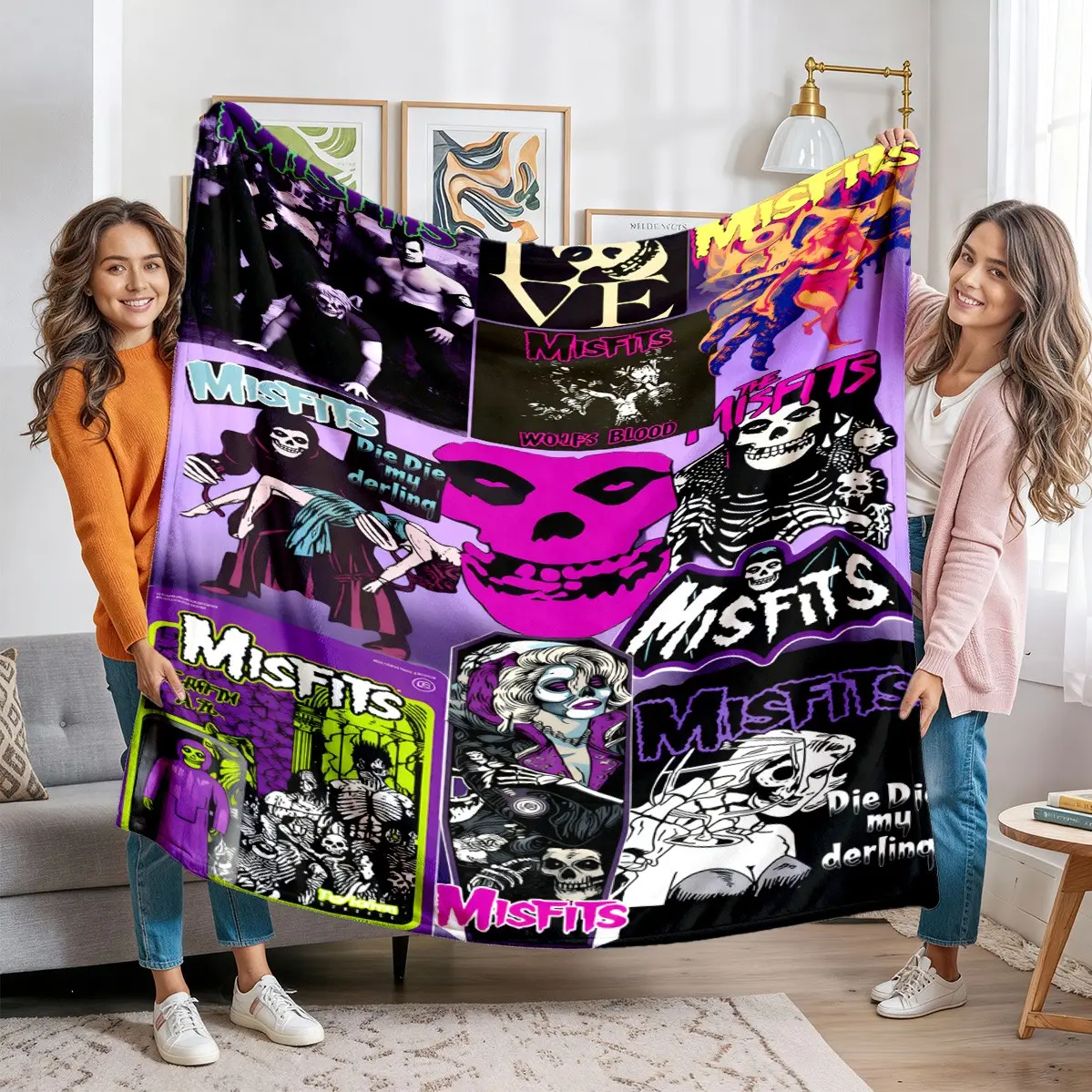 Misfits Punk Band Collage Flannel Blanket, Background Vintage Skull Print, Gothic Home Decor Gift for Punk Rock Fans