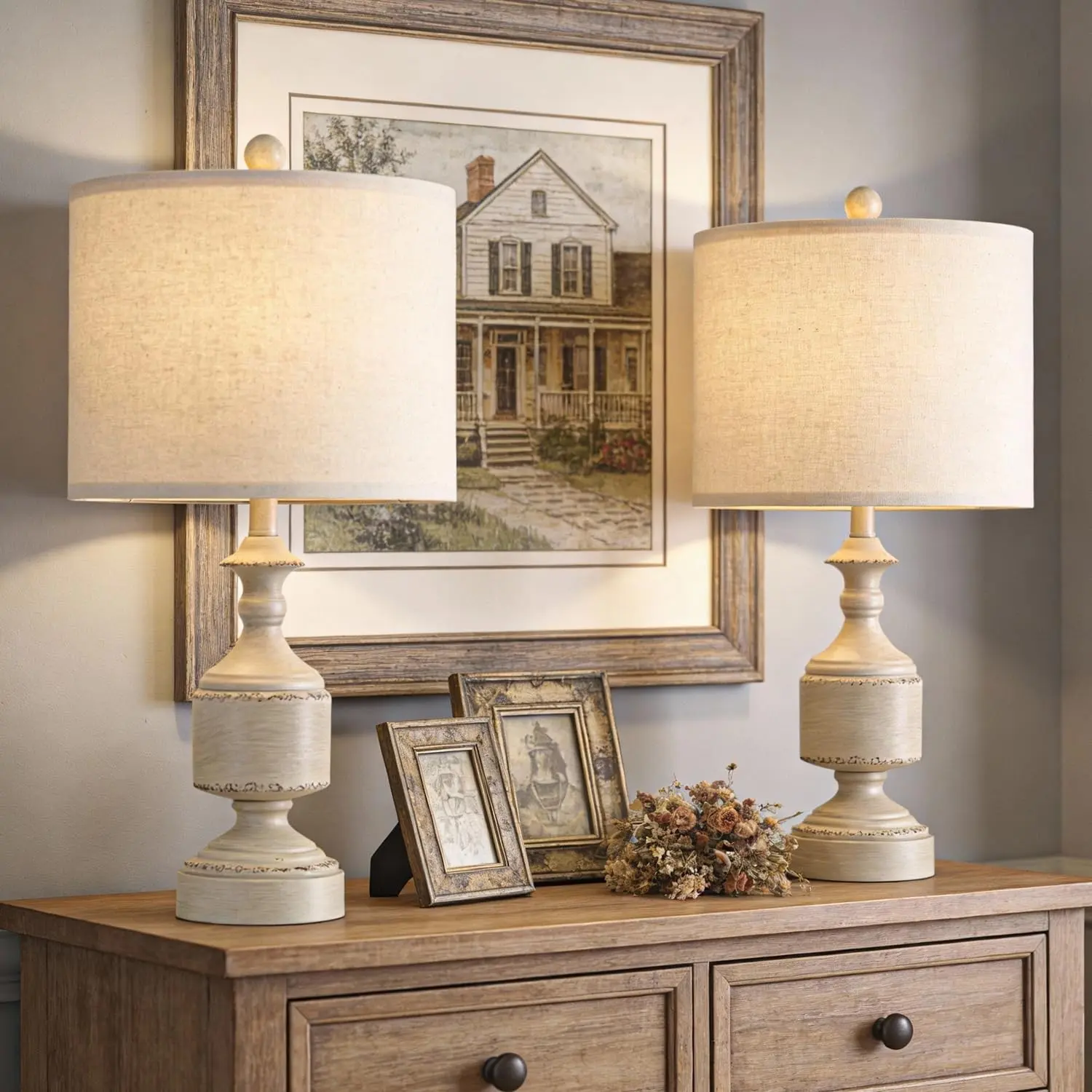 White Lamps Set of 2-20.5" Antique White Bedside Lamps for Nightstand, Vintage Farmhouse Lamps for Entryway & Guest Room, Ideal for Small Spaces, Room Lamps for Bedroom