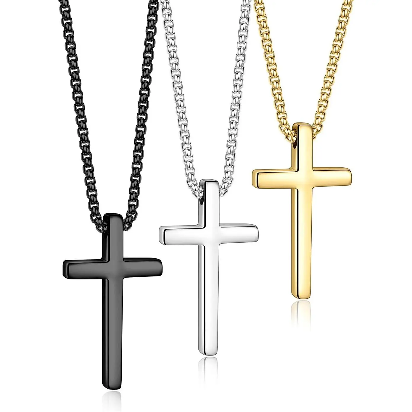 2 Pcs/3 Pcs Cross Necklace for Men - First Communion Gifts for Boys, Silver Black Gold Cross Chain Stainless Steel Cross Pendant Jewelry Christian Religious Gifts for Boys Men 16-30 Inches