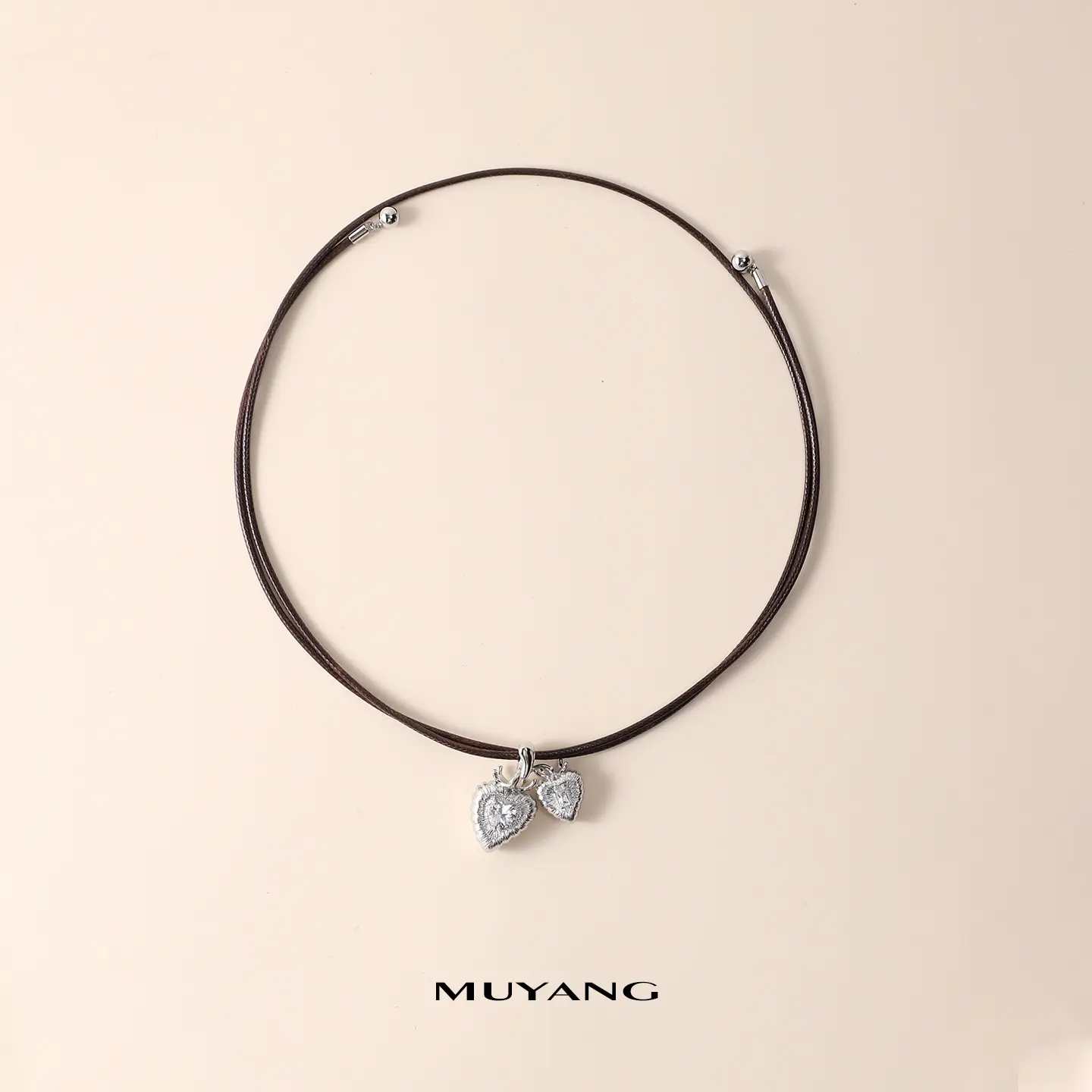 Double Heart Pendant Wrap Bracelet Necklace Adjustable Long Brown Cord Collar Copper Alloy Sparkling Zircon Heart Charm Layered Women's Jewelry Festival Gift