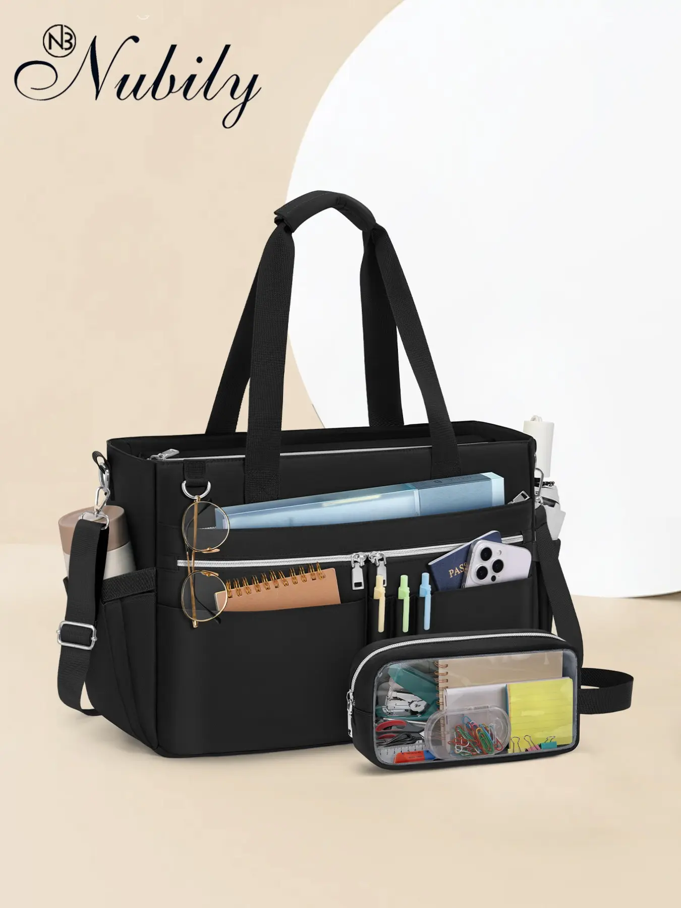 15.6 Inch Teacher Tote Bag for Women, 2pcs Set, Professional Work Briefcase, Clutch Bag, Large Laptop Shoulder Purse, Office, College