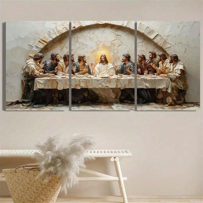 3 Pieces, Last Supper Mural, Religious Mural, Jesus And The Disciples, Spiritual Poster, Indoor Home Wall Art Decoration, 2D Flat, Perfect For Room Decoration