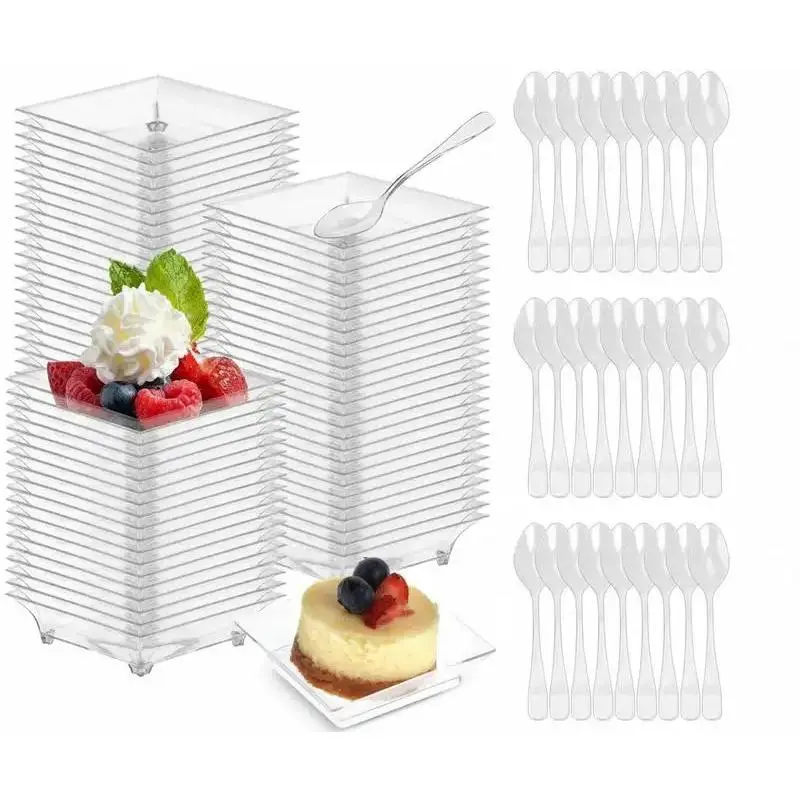 100ct Mini Dessert Plates with Tasting Spoons, 2.5 Inch Small Reusable Clear Plastic Party Serving Hors'oeuvres Plates for Appetizers