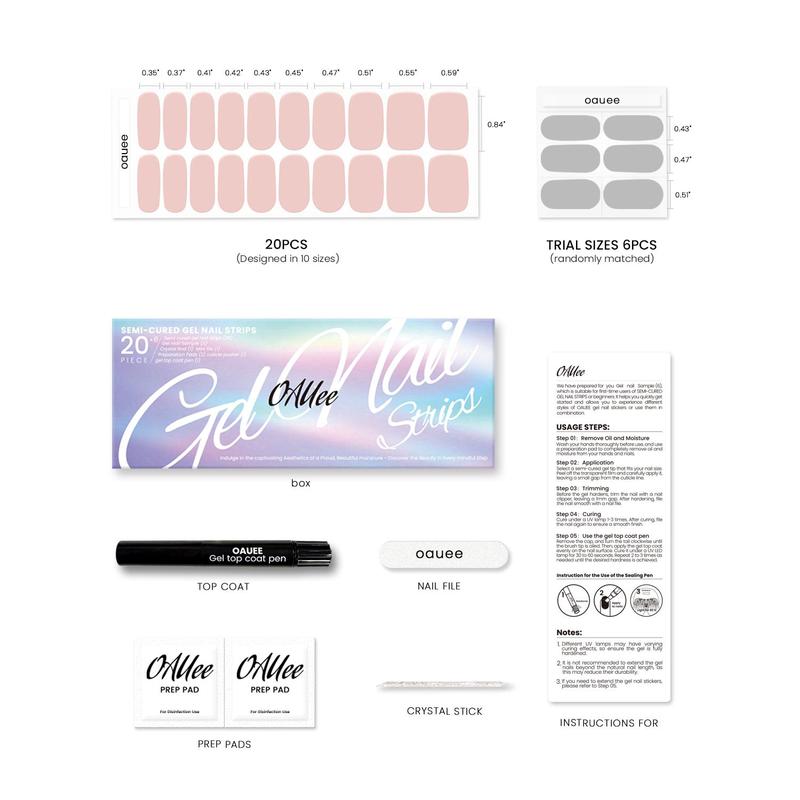 Clean Girl Semi Cured Gel Nail Strips 20+6 Individual Trial Strips | Jelly Milk Tea Nude | Includes 6 Extra Strips to Try | 5-Min UV Cure | OAUEE