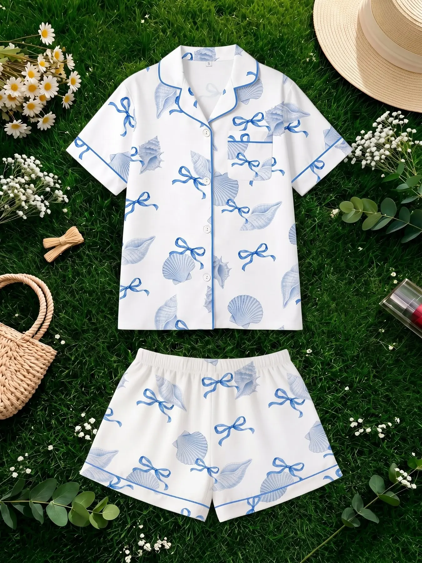 Women's Short Sleeve Pajama Set, Loungewear, Soft Comfortable Fabric, Blue Seashell Butterfly Print, Loose Fit, Summer Daily Wear, Casual Home Clothes