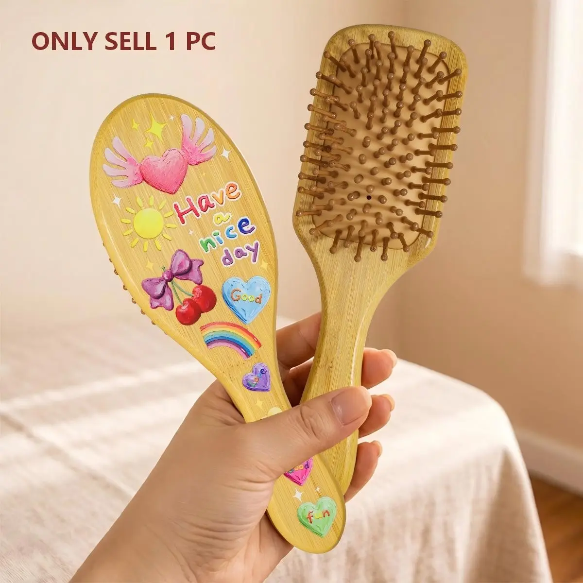 Cute Cartoon Design Massage Comb, Colorful Wings Heart Sun Butterfly Cherry Rainbow Patterns, Ideal Gift for Wedding Birthday, Hair Comb