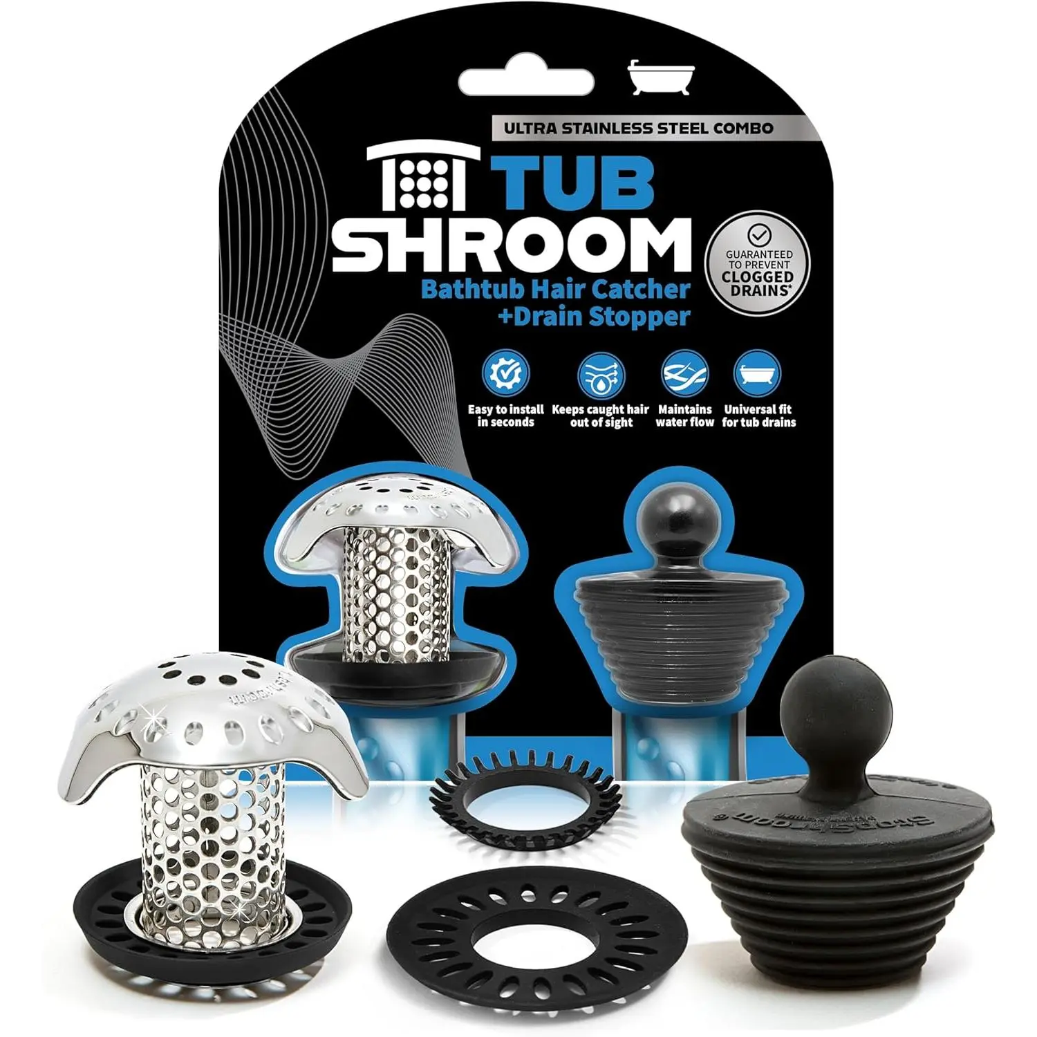 Revolutionary Bath Tub Drain Protector Hair Catcher/Strainer/Snare, Stainless, Stainless Combo