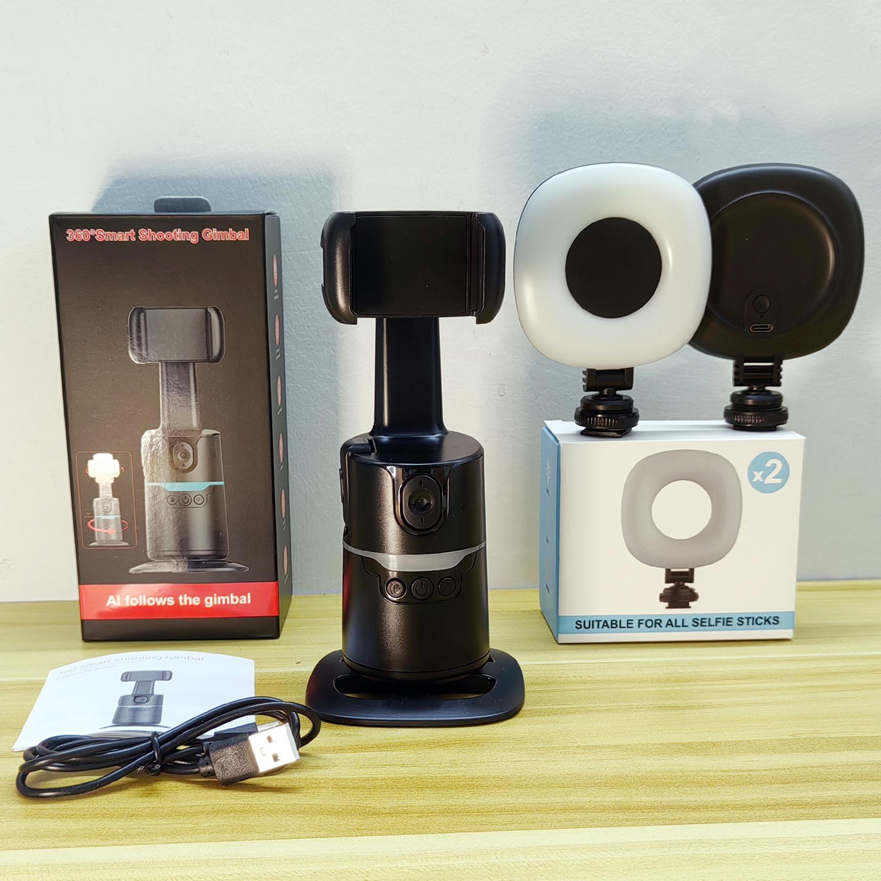 360-degree Rotatable Selfie Stick, Selfie Stand, Smart Face Tracking Phone Gimbal Stabilizer with 2 Rechargeable Fill Lights, Phone Accessories for Video Recording