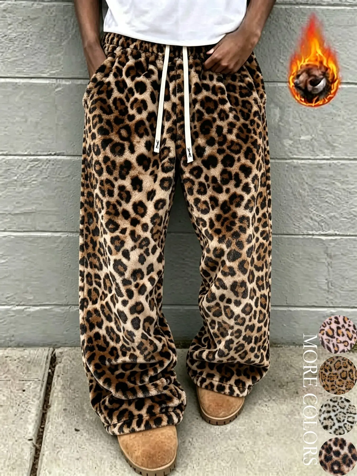 Unisex Retro American Style Soft Plush Pants, Leopard Print, Elastic Drawstring Waist Wide-Leg Pants, Casual Street Fashion Loose Trousers, Y2K-Inspired Long Pants