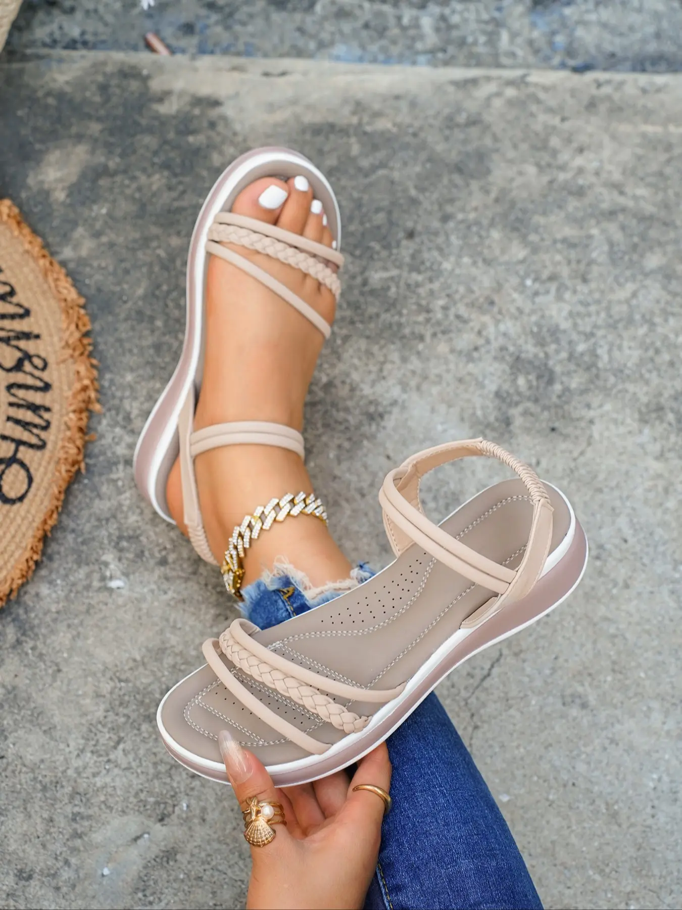 Women's Braided Thin Strap Elastic Slingback Strap Thick Platform Wedge Open Toe Sandals, Perforated Breathable Insole Spring Summer Outdoor Walking Casual Sandals
