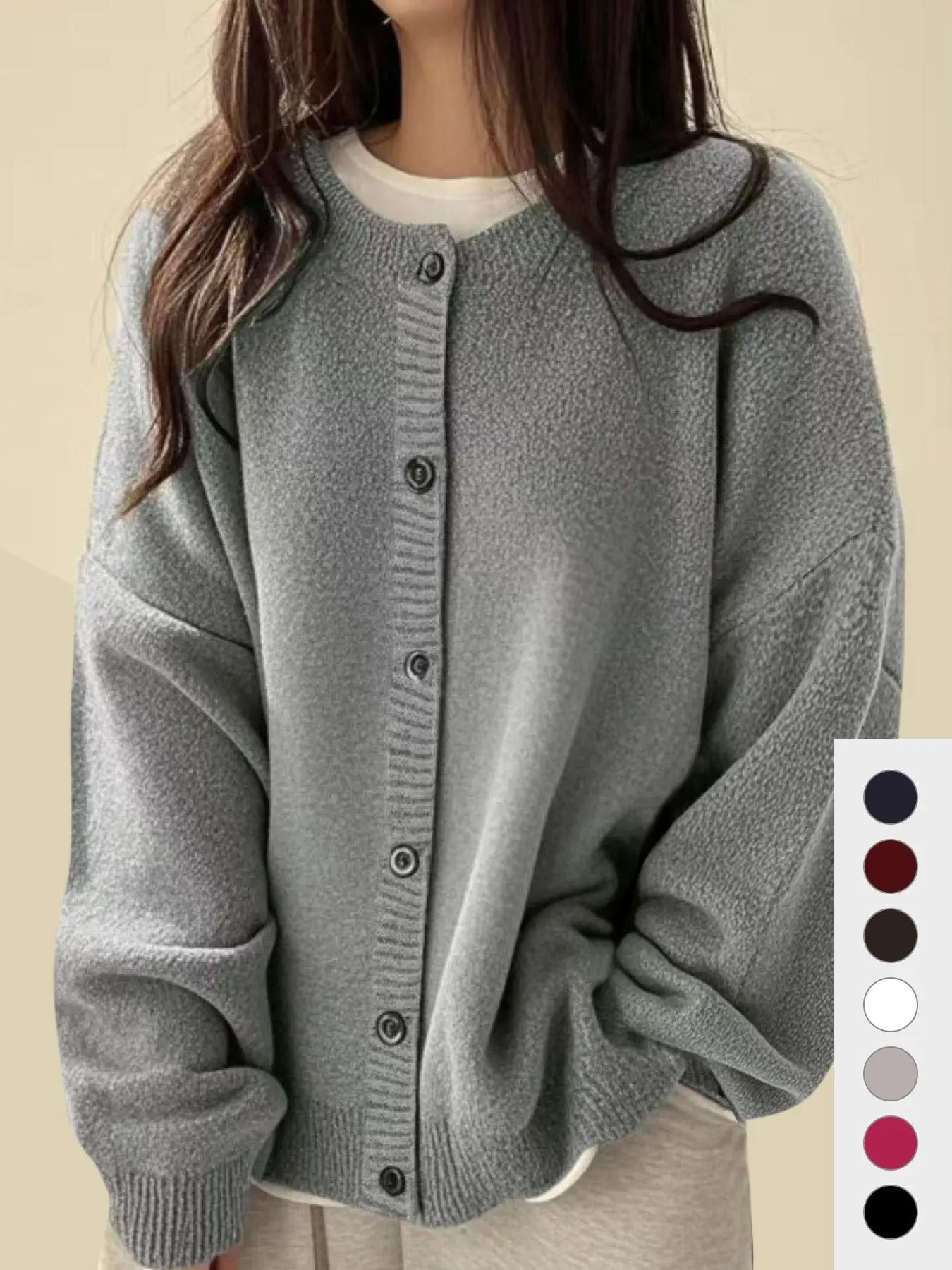 Plus Size Women's Solid Color Button Front Knit Cardigan, Casual Long Sleeve Sweater for All Seasons, Comfortable Daily Wear