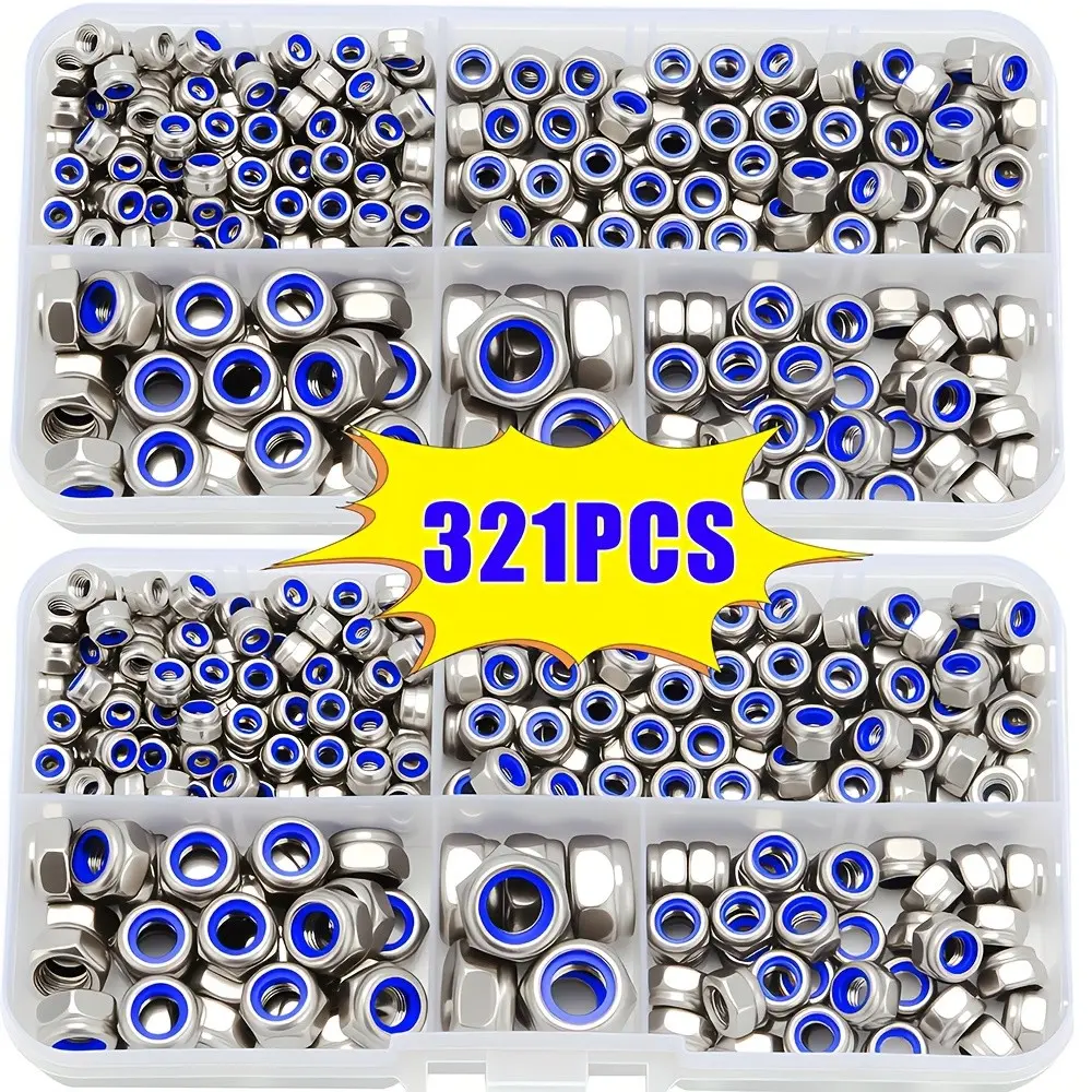 321pcs of Grade A Stainless Steel M3 M4 M5 M6 M8 Nut Set (With Nylon Anti-Loosening Parts), Right Tooth Anti-Loosening Design, Transparent Storage, Versatile, Suitable for Home Decoration Industry And Scientific Applications