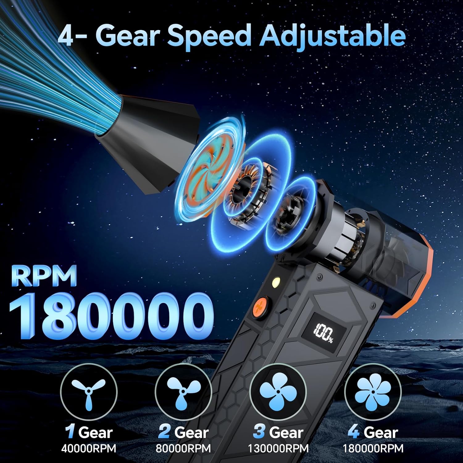 10000mAh Compressed Air Duster with Two LED Light-180000RPM Electric Mini Blower, 4-Gear Adjustable Air Blower Rechargeable Cordless PC Cleaning Kit for Keyboard, Computer, , Snow, , Orange