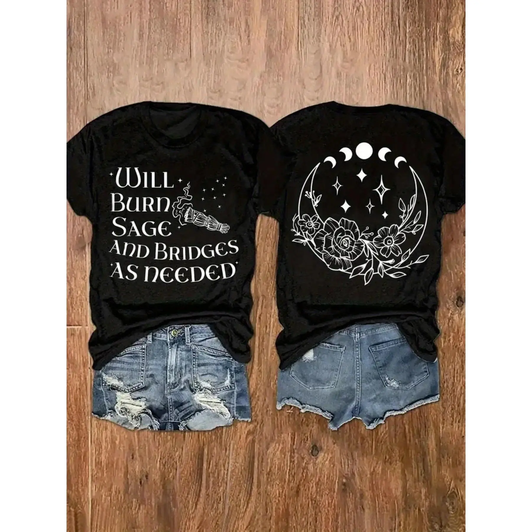 Soft Cotton Crew Neck Double Print T-Shirt(Only A T shirt) Front Sage Quote Back Floral Moon Phase Graphic Viral Witchy Celestial Slogan Unisex Casual Streetwear Black Basic Daily Hangout Outfit For Alt Women