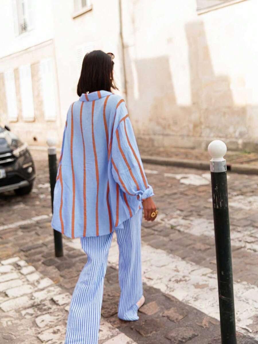 2026 European and American autumn and winter new long-sleeved button-up cardigan women's striped shirt women's vintage striped