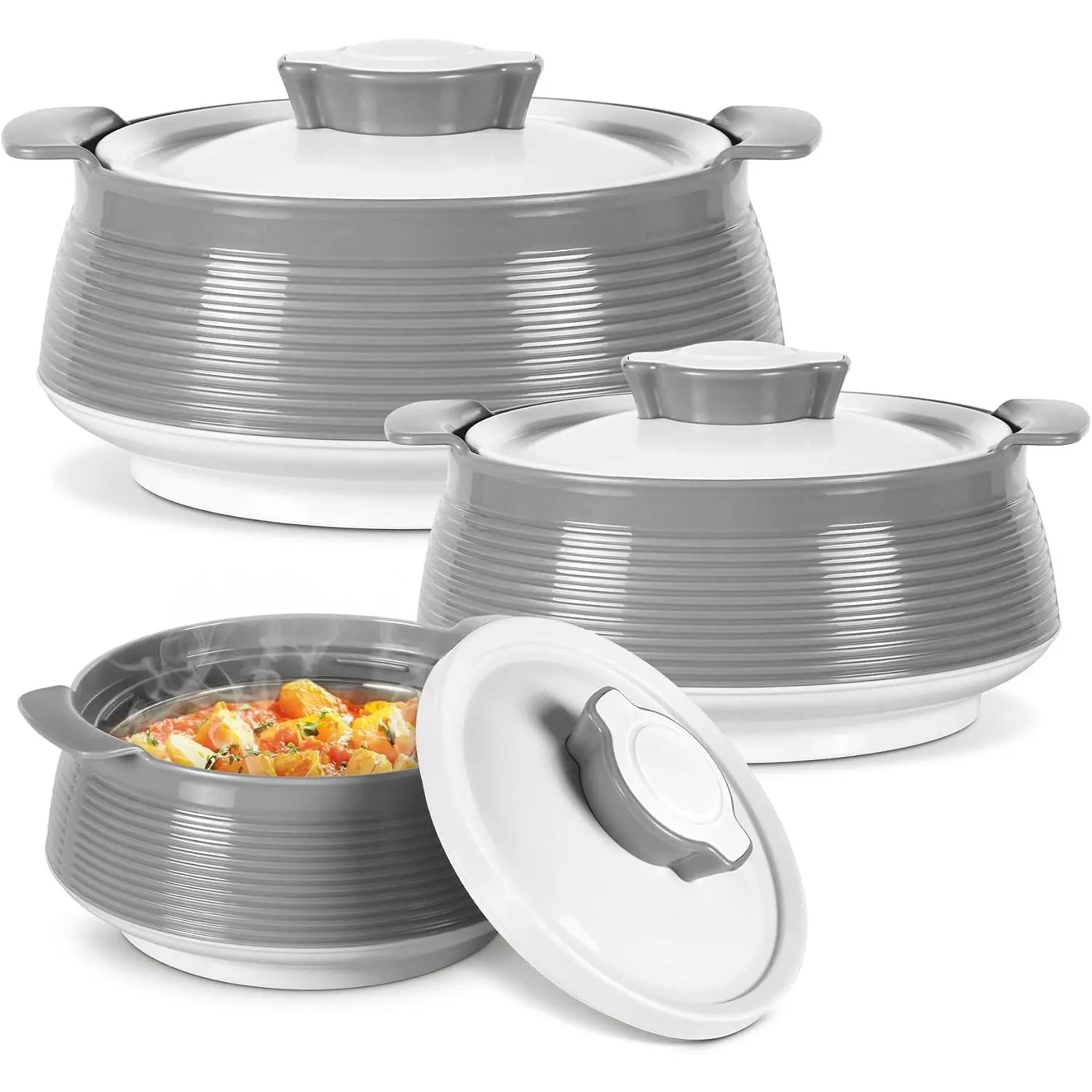 3-Piece Heat-Retentive PU Insulated Casserole Set - Stainless Inner Hot Pot with Lid for Easy Serving, 28oz/45oz/62oz Sizes, Ideal for Roti, Grey Venice Kitchenware