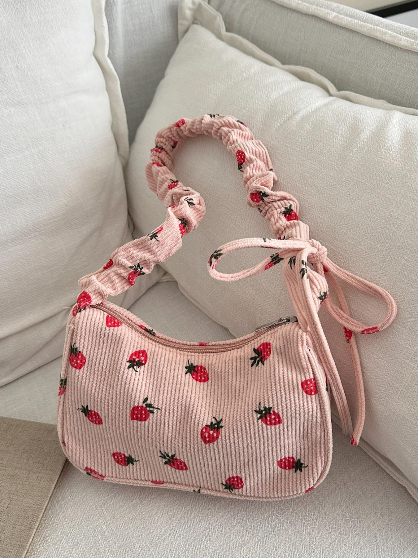 Cute Strawberry Print Underarm Bag, Drawstring Design, Soft Casual Fruit Pattern Shoulder Clutch, Versatile Handbag for Women