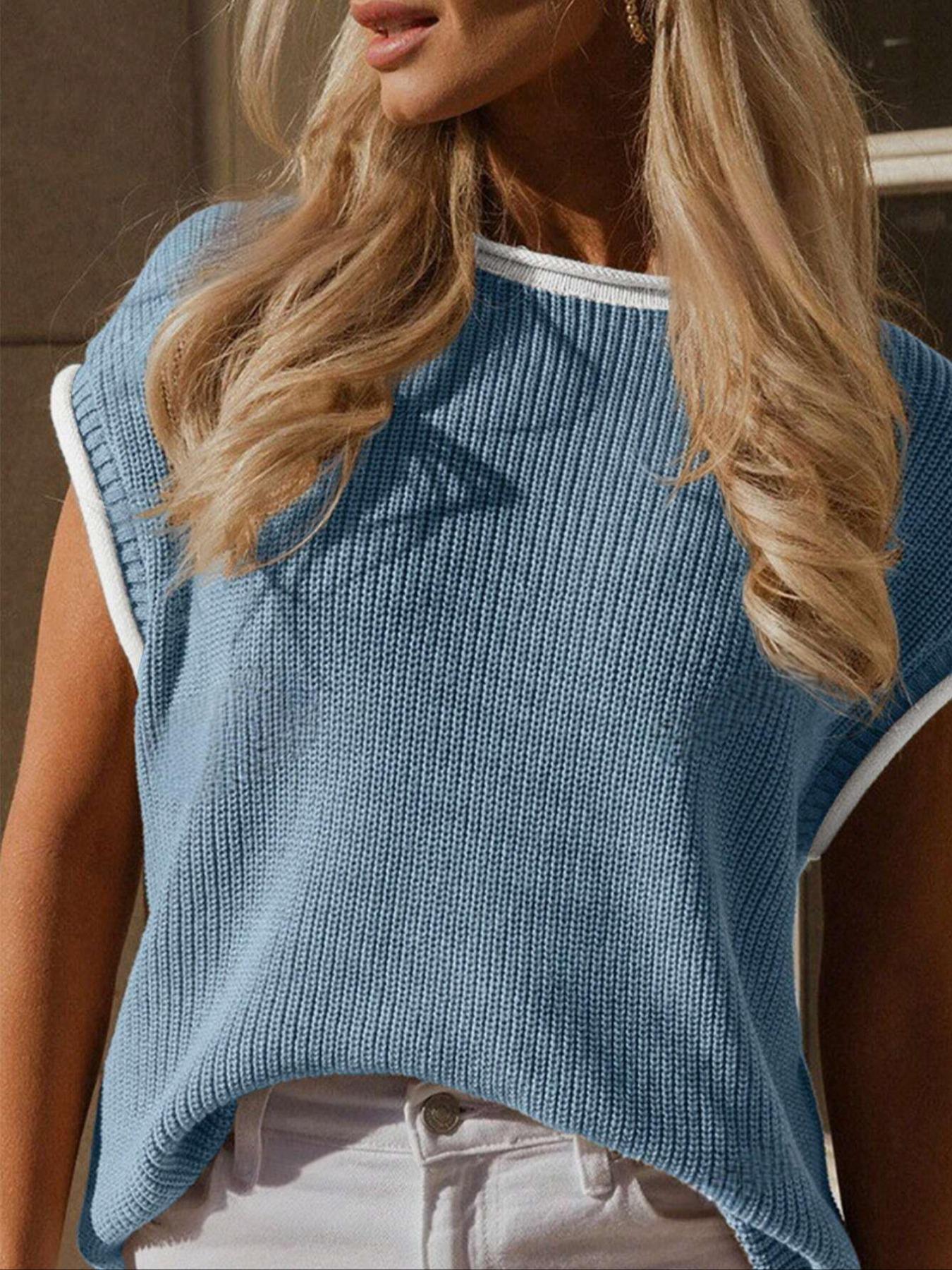 Women's Sweater Pullover, Casual Cap Sleeve Basic Crew Neck Fitted Knit Top for All Seasons, Fashion Women's Knitwear for Daily Wear