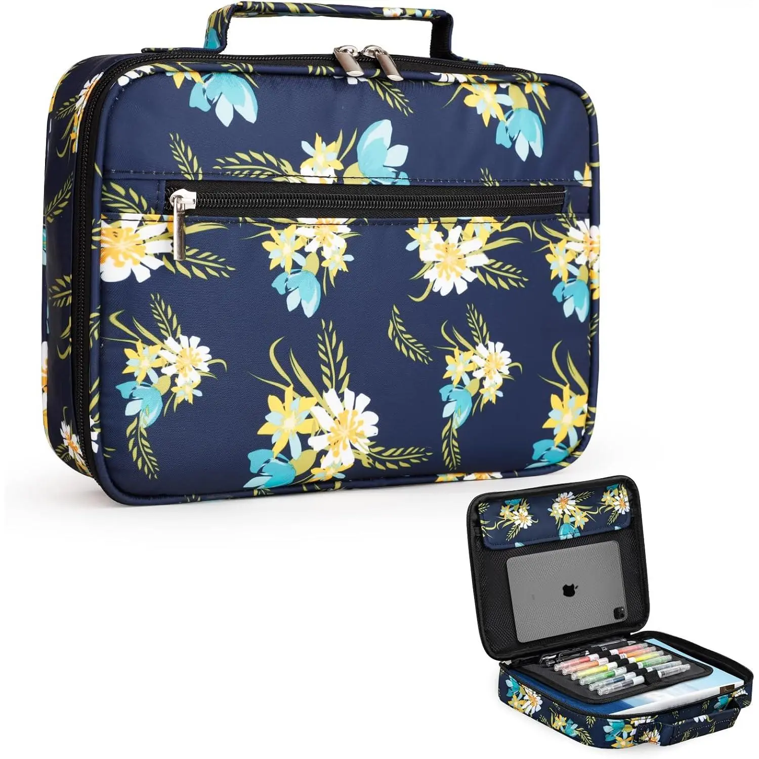 Cover for Women -  Case for Men,Multi-Functional Carrying Organizer,Large Book Case, Study Supplies with Detachable Pen Slots for Church, Office, Travel (Navy-Flower)