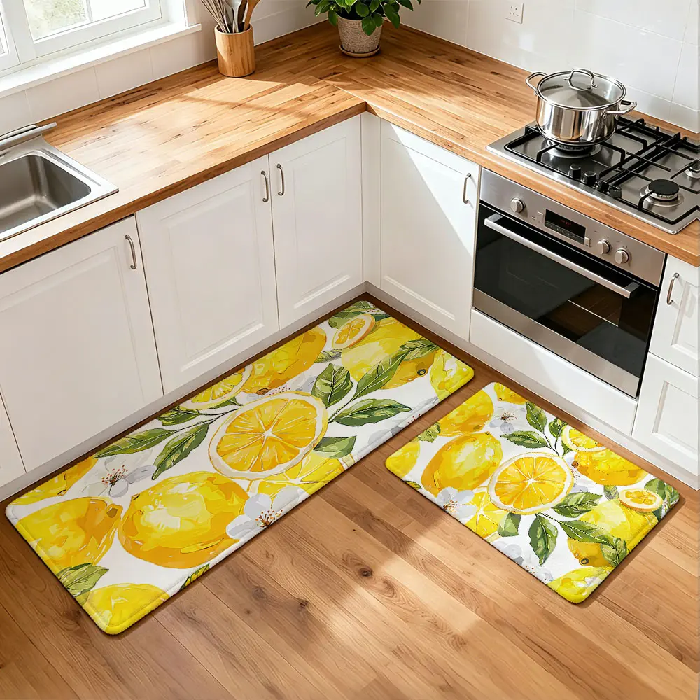2pcs Fresh Watercolor Hand-painted Lemon Floral Kitchen Rug Set, Machine Washable Non-slip Kitchen Rugs for Floor Decoration