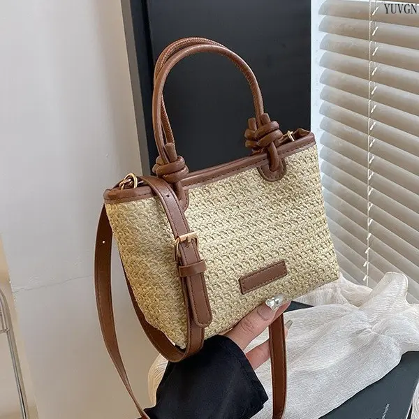 Woven Mini Crossbody Tote Bag for Women, Casual Purse with a Knotted Handle, Contrast Trim, and Detachable Strap for Summer
