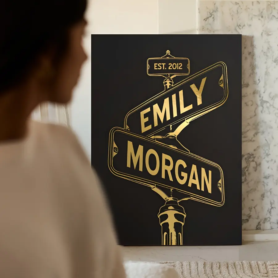 2D Personalized Vintage-Style Street Sign Canvas Print – Black Street Sign Design with Custom Names and Dates for Couples; Perfect Gift for Her or Him, Valentine's Day Gift for Wife or Husband.