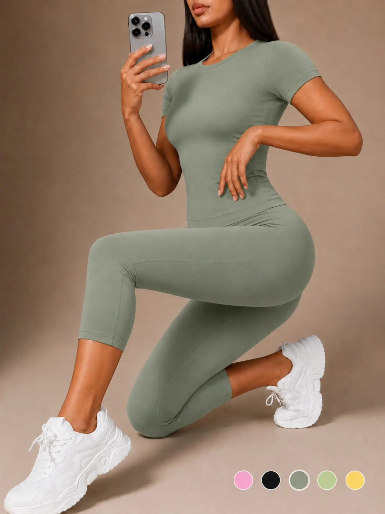 Dopamine Slim Fit Short Sleeve Seven-Quarter Yoga Pants Set for Women, Solid Color Tight-Fit Sporty Two-Piece