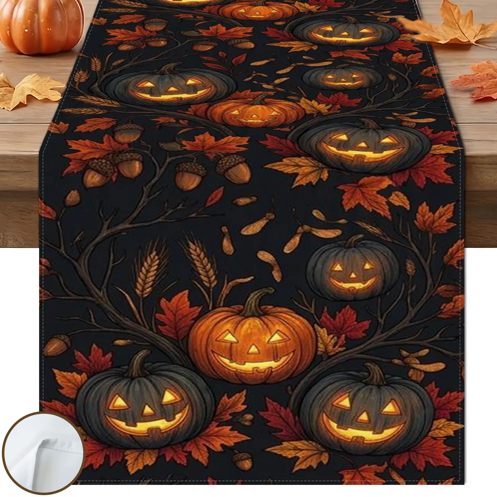 1pc Glowing Jack-o'-lantern Table Runner, Halloween Dark Style, Black Glowing Orange Black Pumpkin Vine Maple Pattern, for Halloween Night Decor.