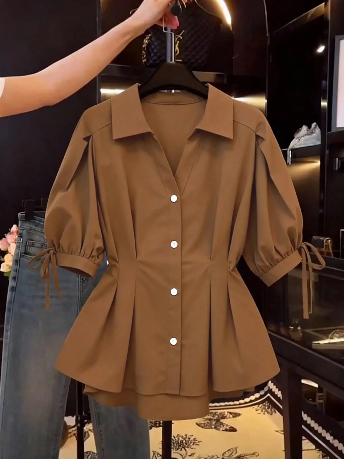 Elegant Women's Short Sleeve Top, Slim Fit Waist Button Blouse Shirts, Casual Daily Business Wear, Versatile Multi-Occasion Clothing